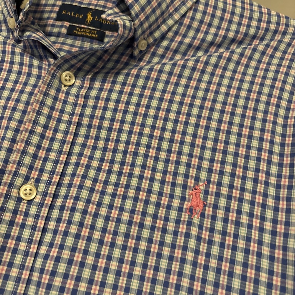 Ralph Lauren Performance Pastel Check Blue Pink Pony White Classic Fit Large L/S